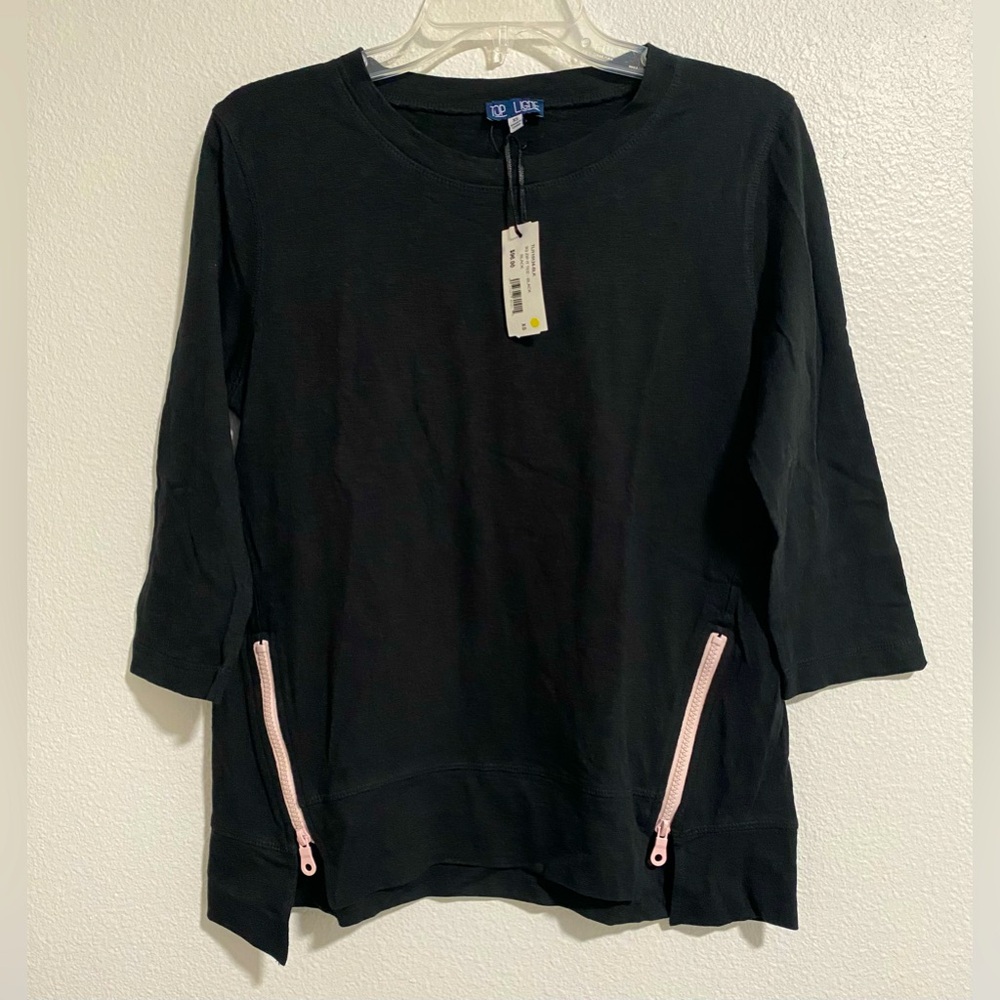 Top Ligne Black Cotton 3/4 Sleeve Zip Front Tee sz XS/S NWT MSRP $96